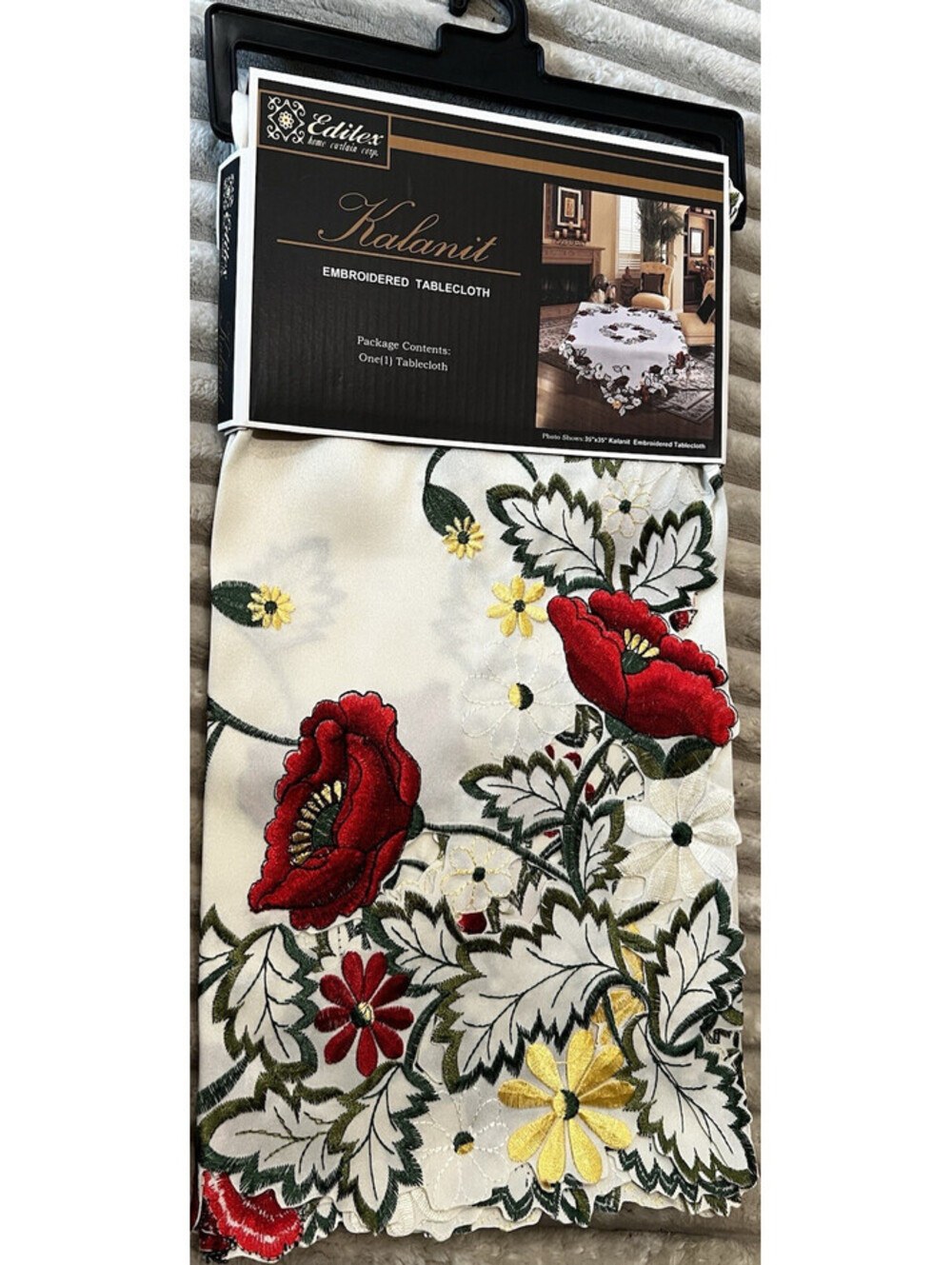 NEW Embroidered Cutout floral 35”square tablecloth Ivory red green Cottagecore